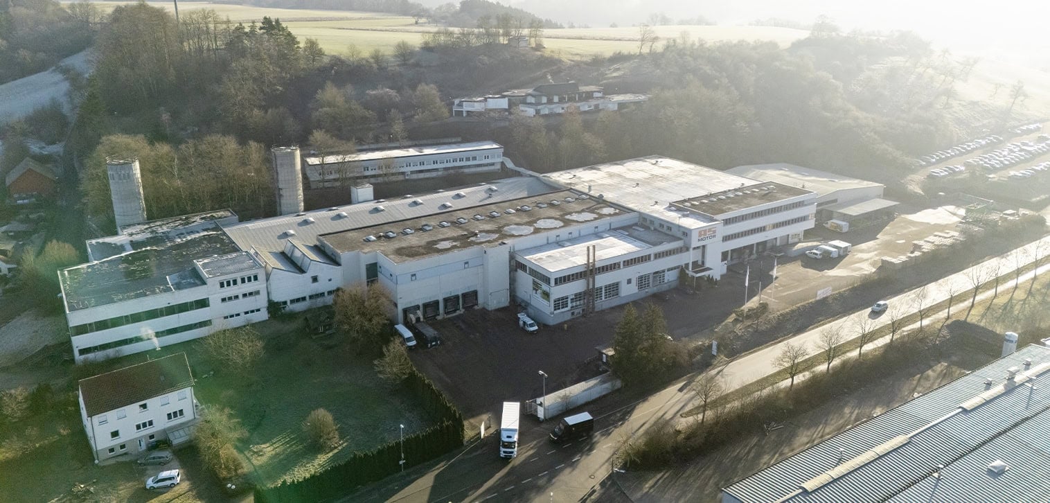 Birdseye view shot of the AS-Motor/AriensCo GmbH factory in Bühlertann, Schwäbisch Hall