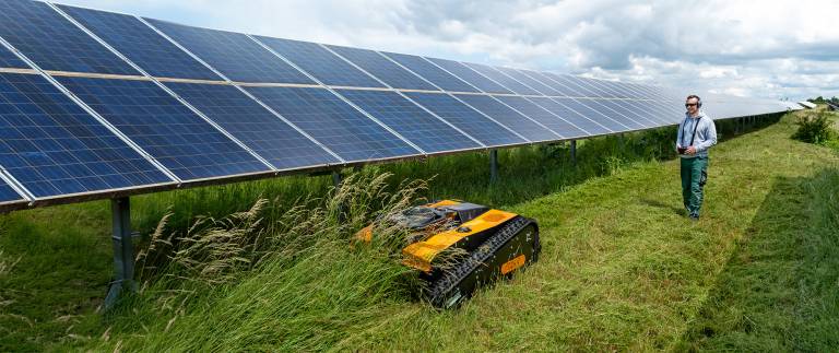 AS-Motor products shown in a solar park, mowing between the panels. Operator standing behind maschine. Product shown AS-Motor AS 990 Tahr RC