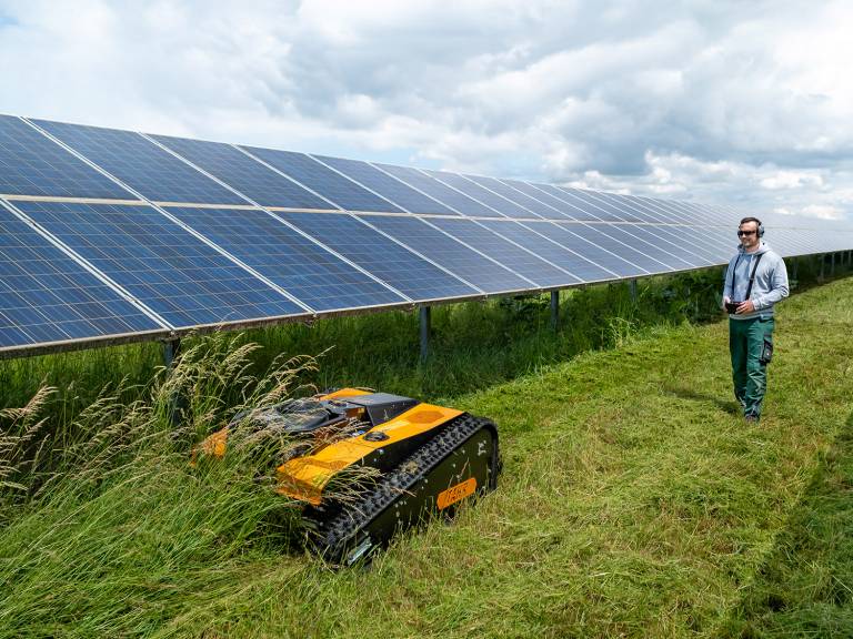AS-Motor products shown in a solar park, mowing between the panels. Operator standing behind maschine. Product shown AS-Motor AS 990 Tahr RC