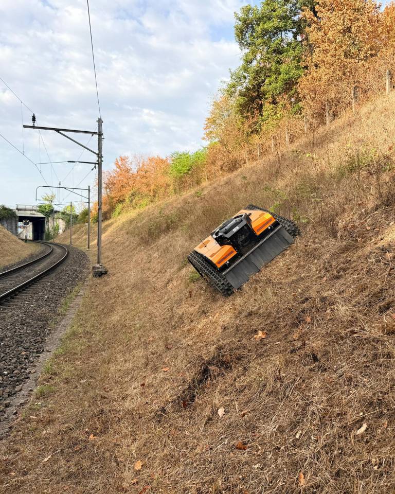 AS 990 Tahr RC beim Mähen einer steilen Bahnböschung vor einem SBB-Tunnel