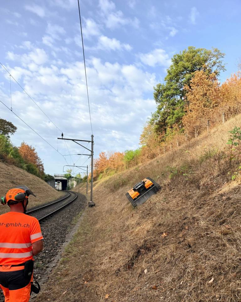AS 990 Tahr RC beim Mähen einer steilen Böschung neben einer SBB-Bahnstrecke